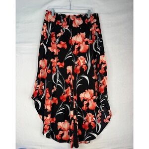 Cato Wide Leg Pants Womens L Black Red Floral Excellent Smocked Tulip Hem Boho